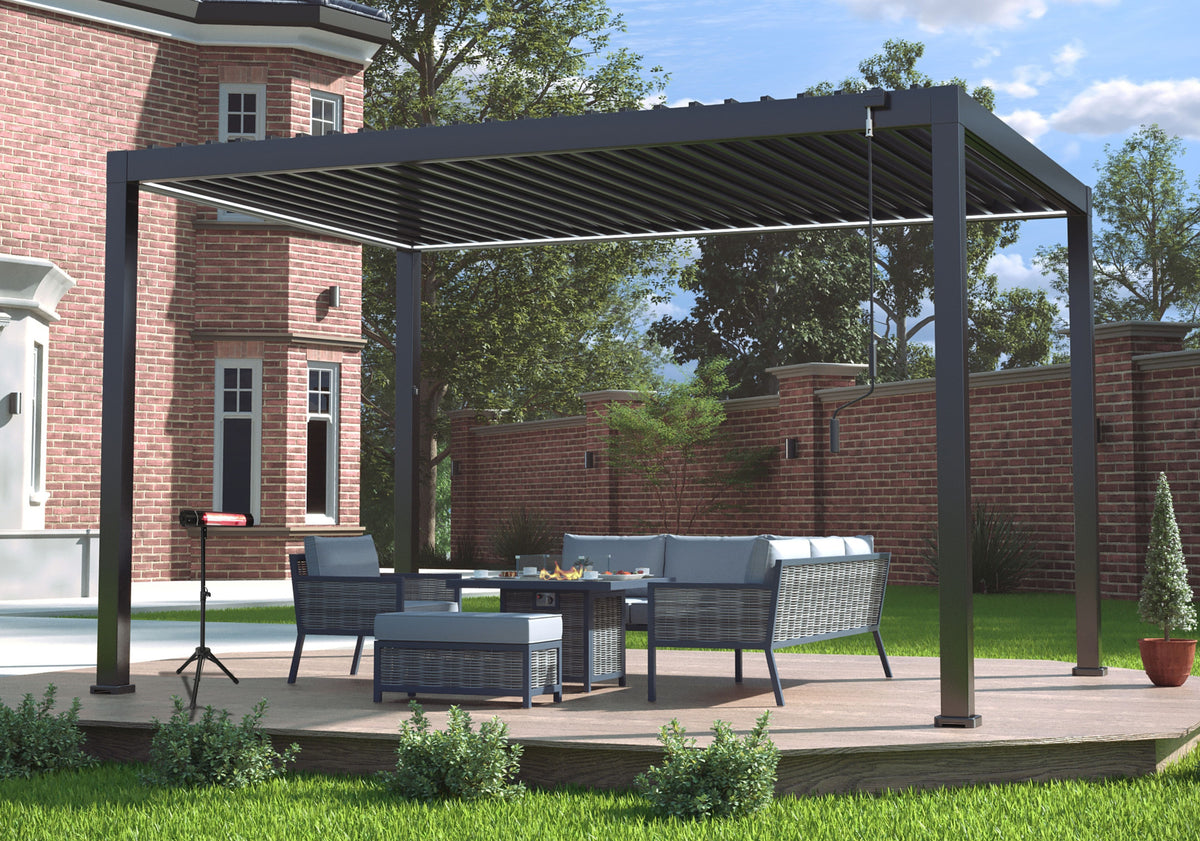 Heavy Duty Grey Aluminium LED Pergola with Double Louvered Shutter Roof 3 x 4m