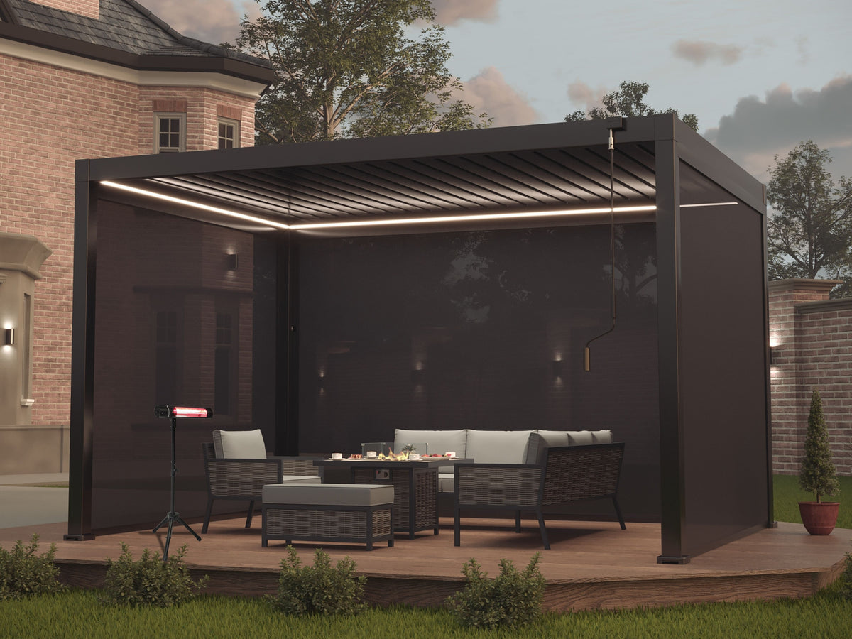 Heavy Duty Grey Aluminium LED Pergola with Double Louvered Roof + Windscreen 3 x 4m