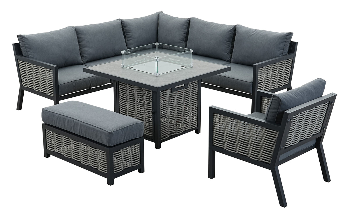 Porto Aluminium Corner Sofa, Chair, Bench &amp; Fire Pit Dining Table Set | Dark Grey