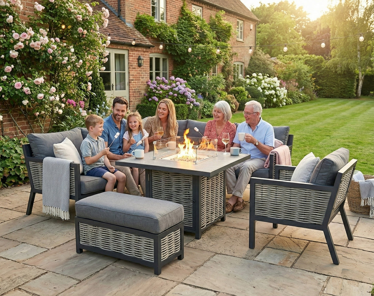 Porto Aluminium Corner Sofa, Chair, Bench & Fire Pit Dining Table Set | Dark Grey