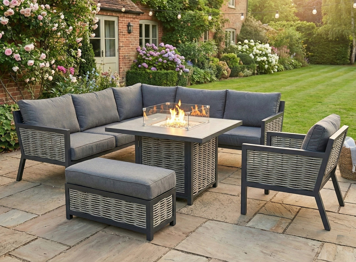 Porto Aluminium Corner Sofa, Chair, Bench & Fire Pit Dining Table Set | Dark Grey