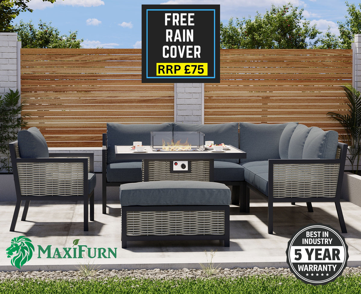 Porto Aluminium Corner Sofa, Chair, Bench &amp; Fire Pit Dining Table Set | Dark Grey