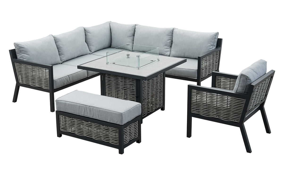 Porto Aluminium Corner Sofa, Chair, Bench &amp; Fire Pit Dining Table Set | Light Grey