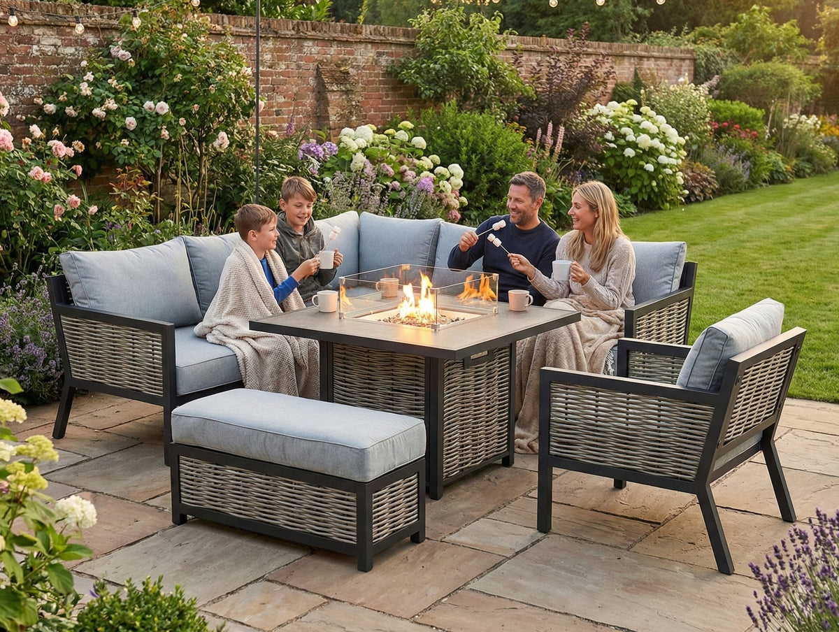 Porto Aluminium Corner Sofa, Chair, Bench & Fire Pit Dining Table Set | Light Grey