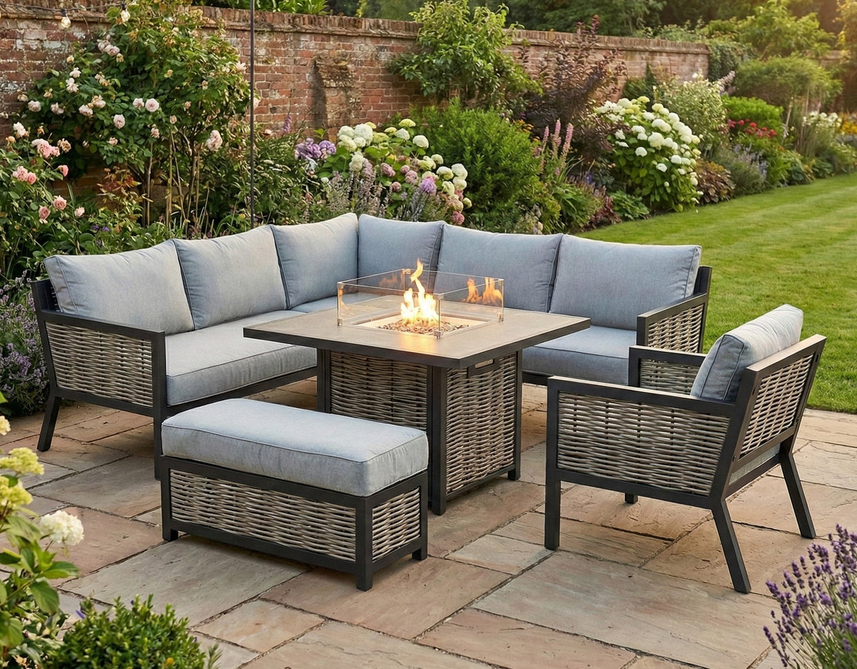 Porto Aluminium Corner Sofa, Chair, Bench & Fire Pit Dining Table Set | Light Grey