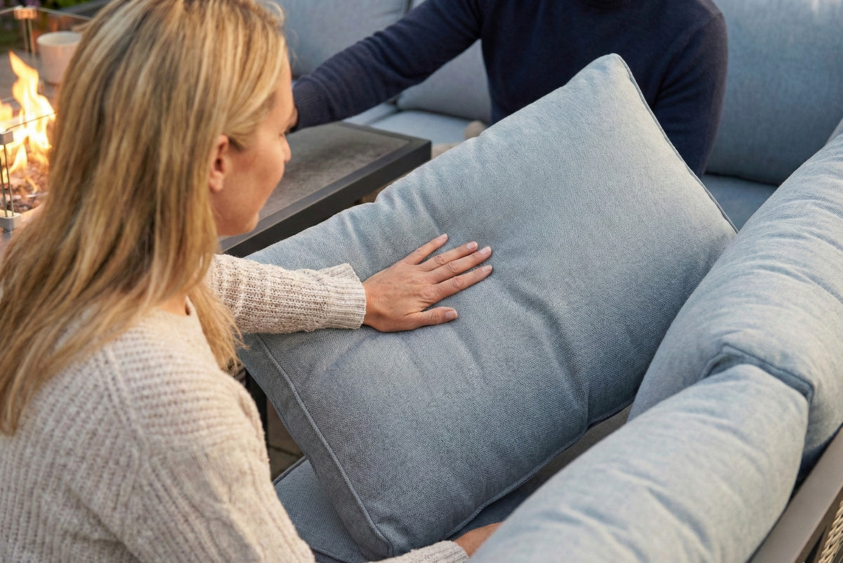 Porto Aluminium Corner Sofa, Chair, Bench & Fire Pit Dining Table Set | Light Grey