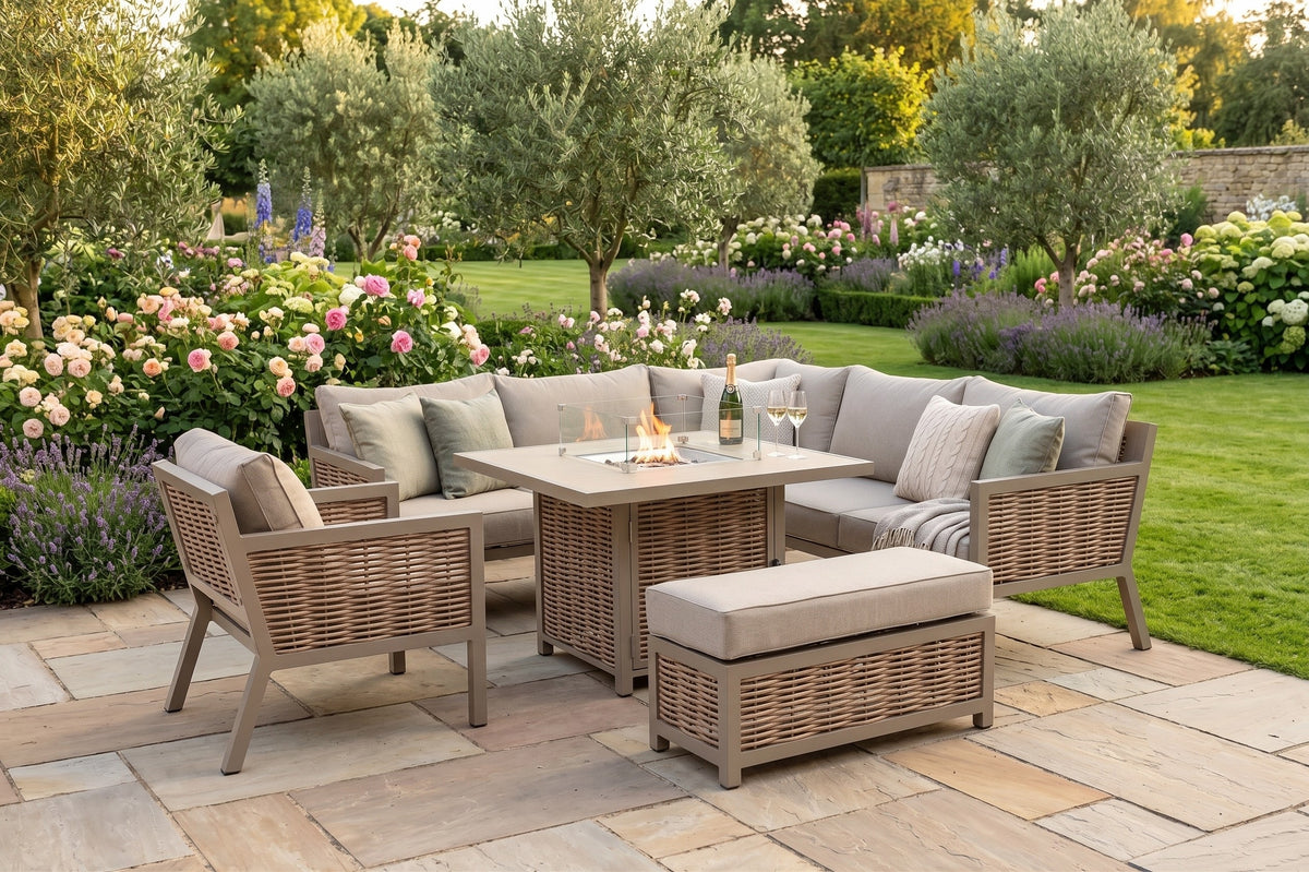 Porto Aluminium Corner Sofa, Chair, Bench with Ceramic Fire Pit Table Taupe / Beige