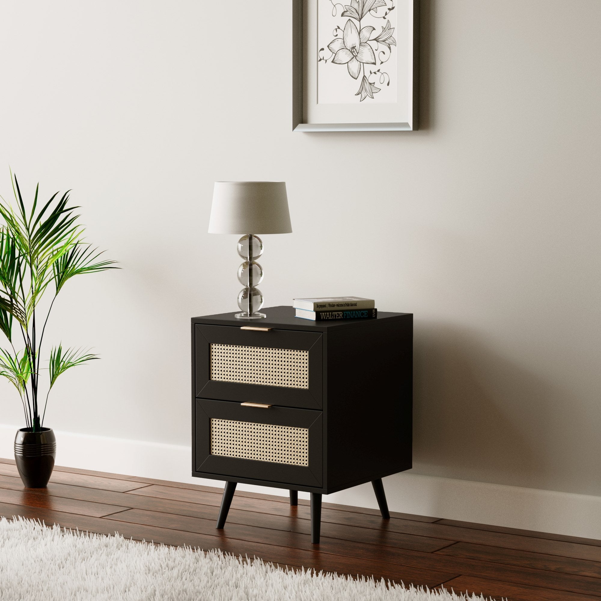 Rian 2 Drawer Bedside Cabinet Table - Black With Natural Cane Front Casa Maria Designs 