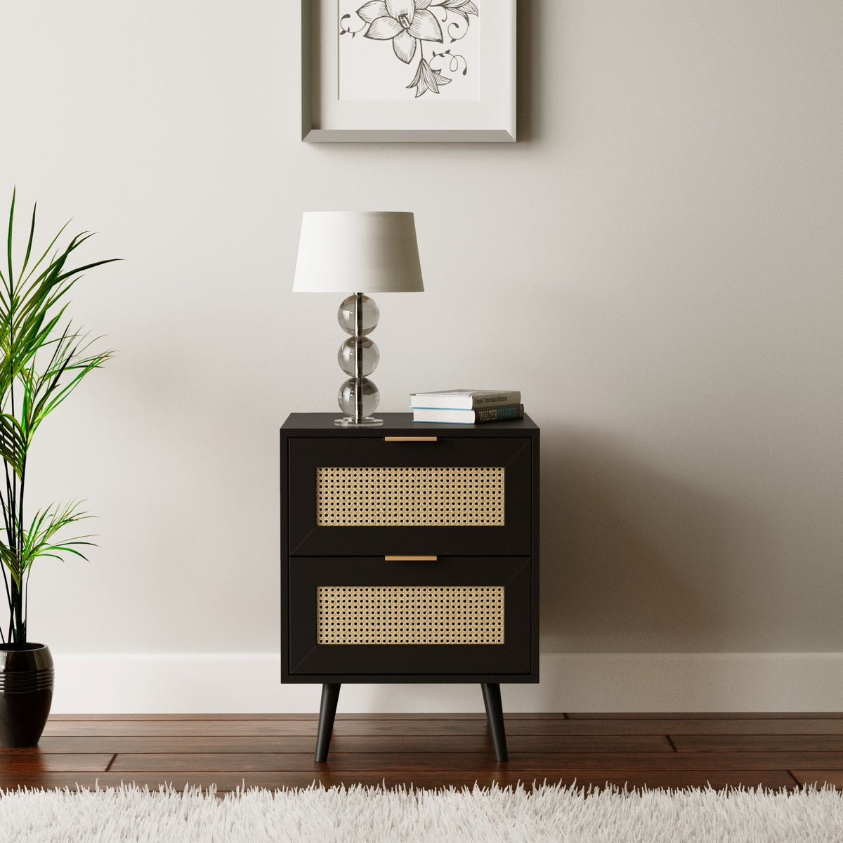 Rian 2 Drawer Bedside Cabinet Table - Black With Natural Cane Front Casa Maria Designs 