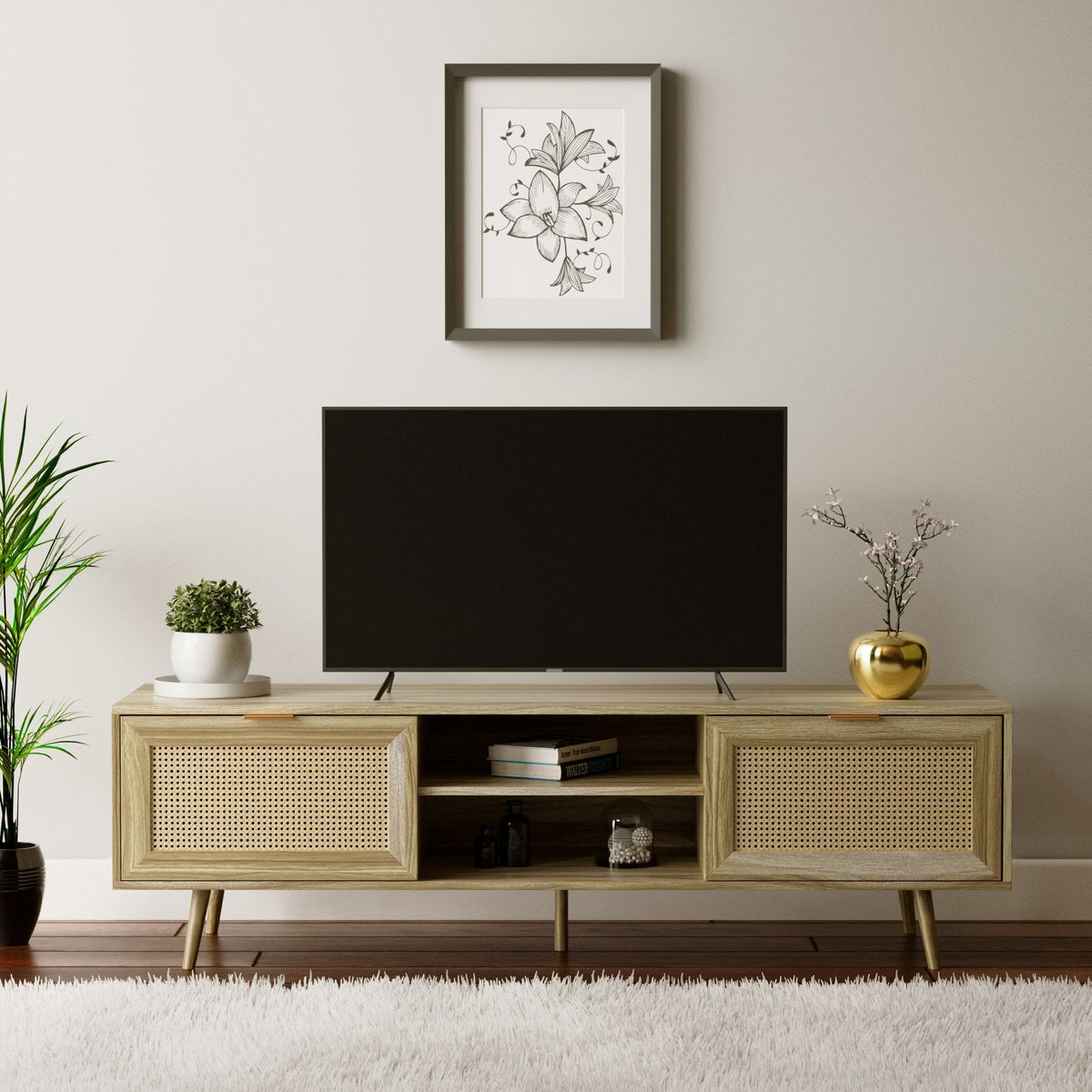 Rian TV Media Unit Stand - Natural With Real Cane Front Casa Maria Designs 