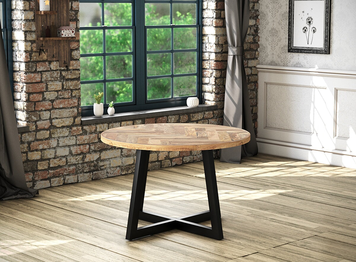 Round Solid Mango Wood Dining Table | Herringbone Design - 120cms Casa Maria Designs 