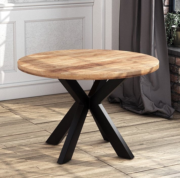 Round Solid Mango Wood Dining Table | Black Iron X Base - 120cms - Casa ...