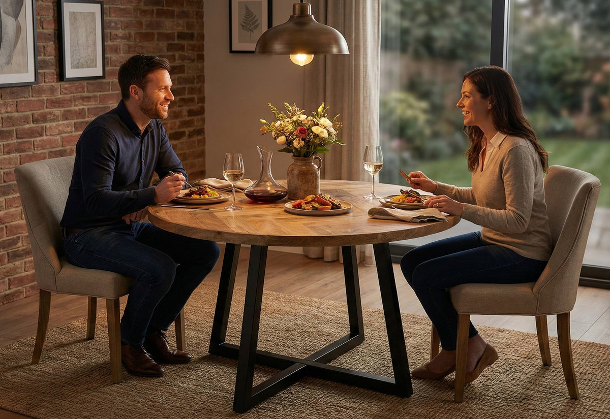 Round Solid Mango Wood Dining Table | Herringbone Design - 120cms