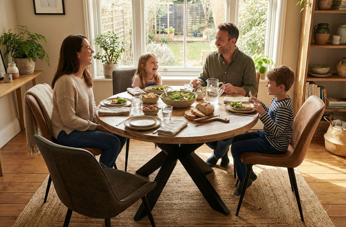 Round Solid Mango Wood Dining Table | Black Iron X Base - 120cms