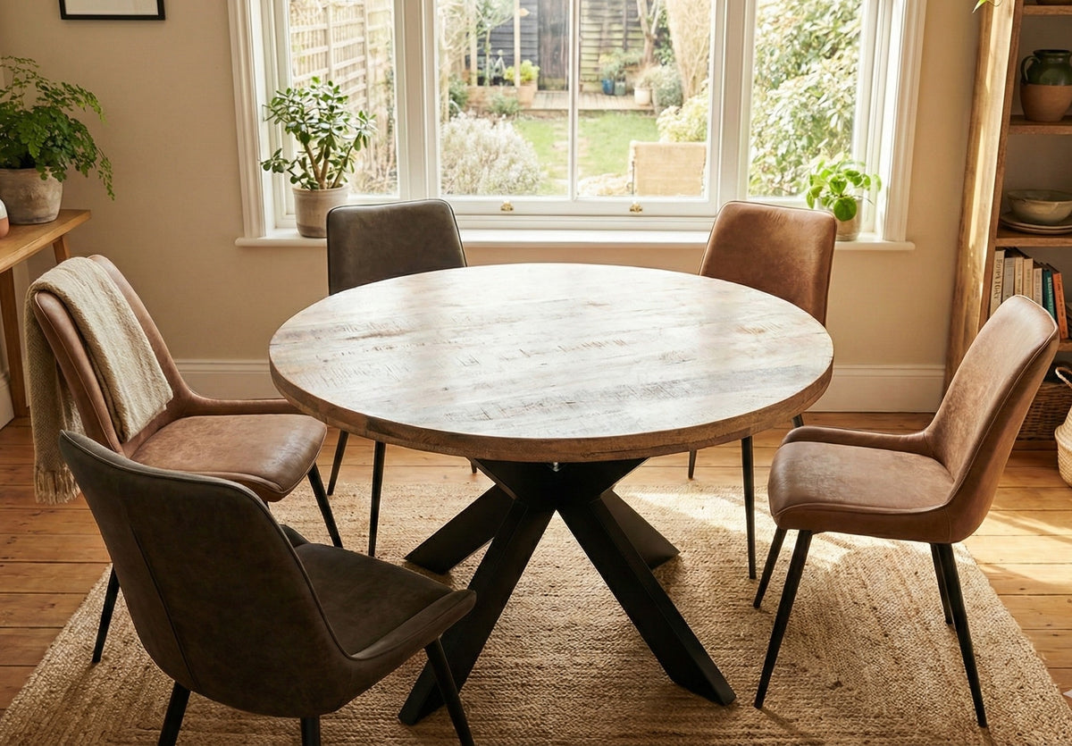 Round Solid Mango Wood Dining Table | Black Iron X Base - 120cms