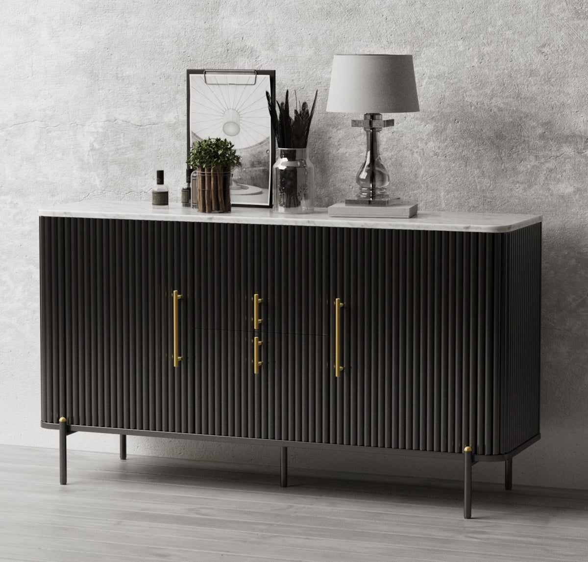 Lucas Flute Solid Mango Sideboard Real Marble Top - Black &amp; Gold