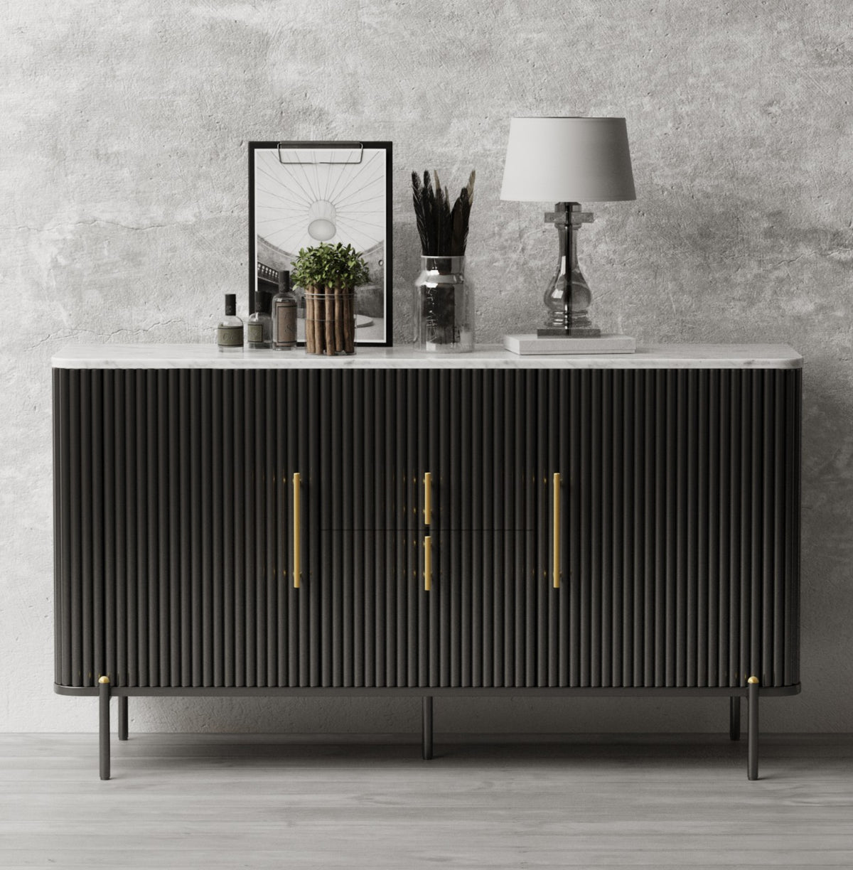 Lucas Flute Solid Mango Sideboard Real Marble Top - Black &amp; Gold