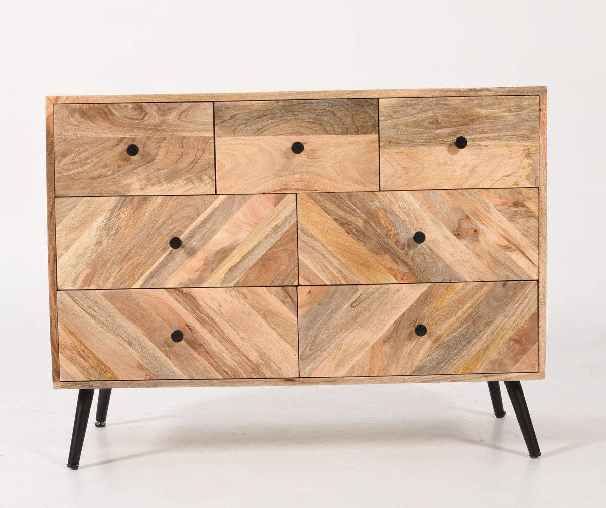 Chevron Mango Wood Chest of Drawers – Rustic Storage Cabinet 101 cm