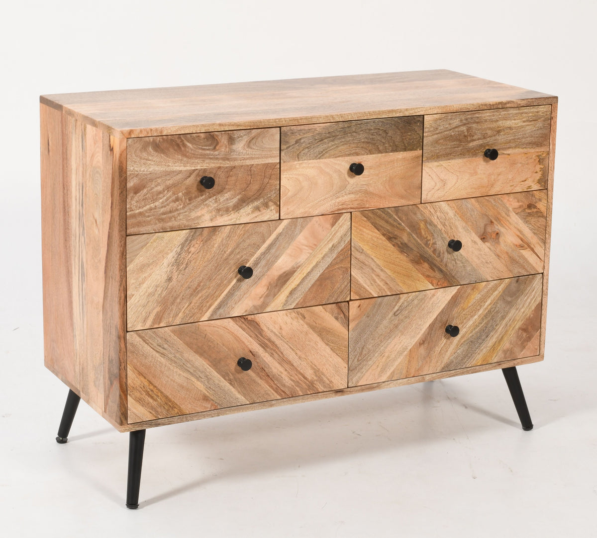 Chevron Mango Wood Chest of Drawers – Rustic Storage Cabinet 101 cm