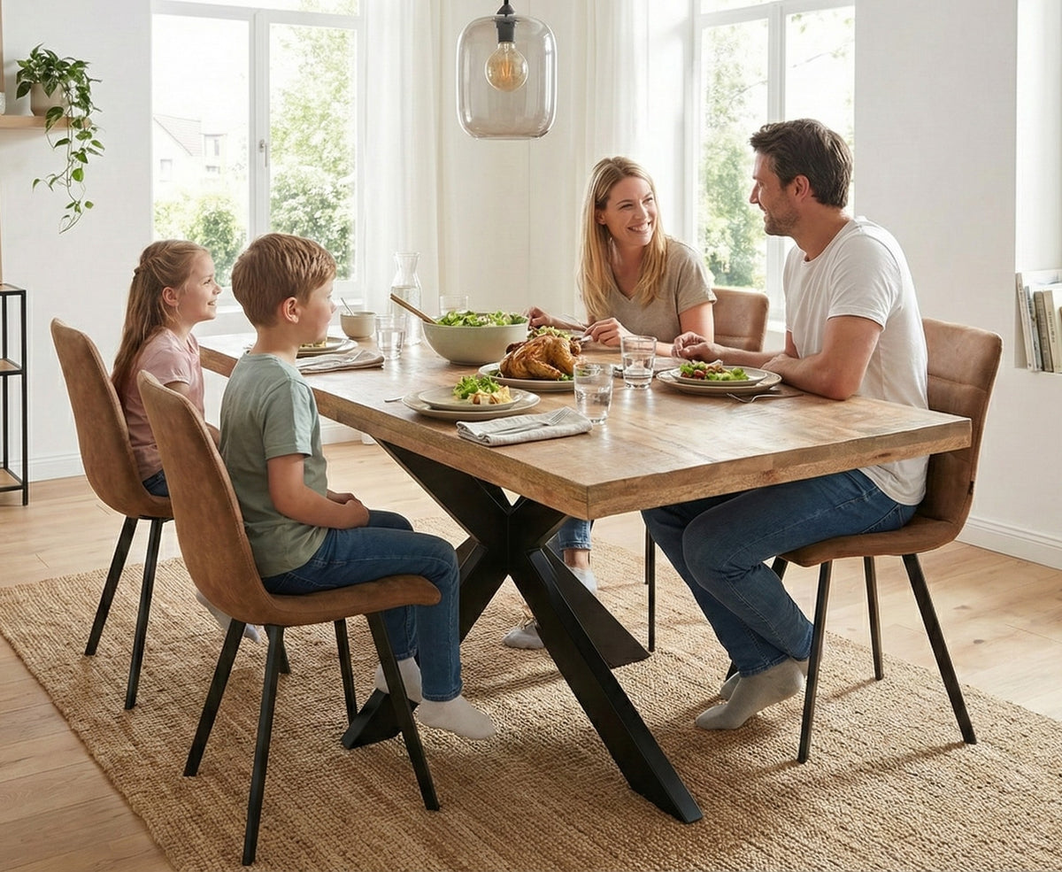 Rectangle Solid Mango Wood Dining Table | Black Iron X Base - 180cms