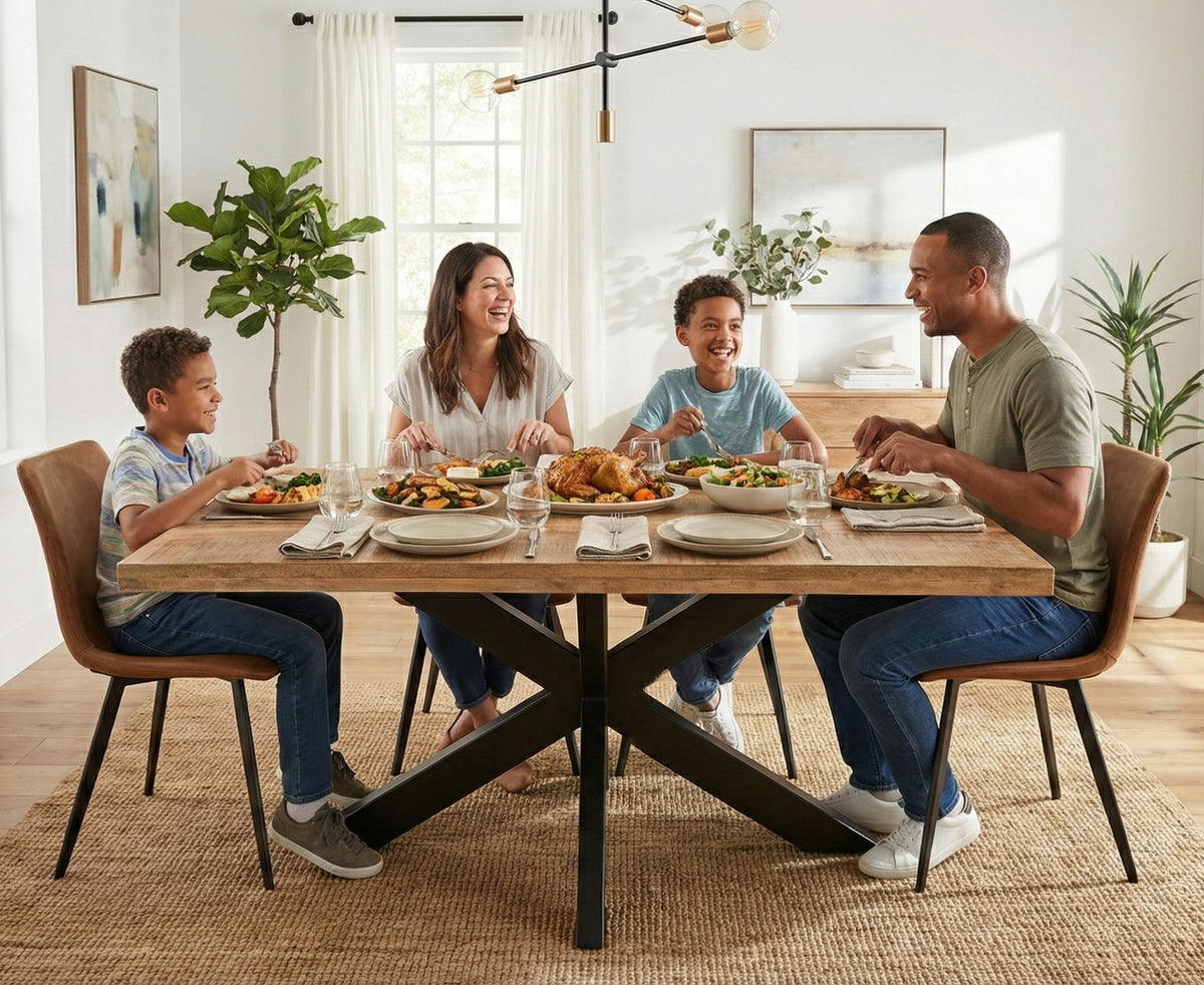 Rectangle Solid Mango Wood Dining Table | Black Iron X Base - 160cms