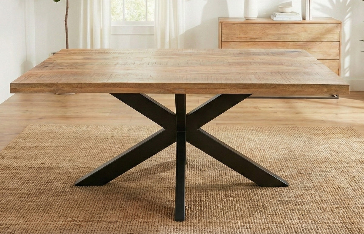 Rectangle Solid Mango Wood Dining Table | Black Iron X Base - 180cms