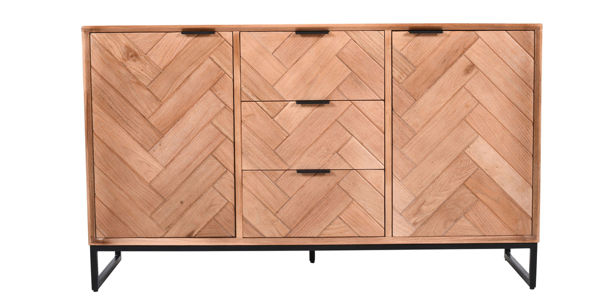 Solid Oak Herringbone Sideboard – 3 Drawers, 2 Doors & Black Metal Base (140cms)