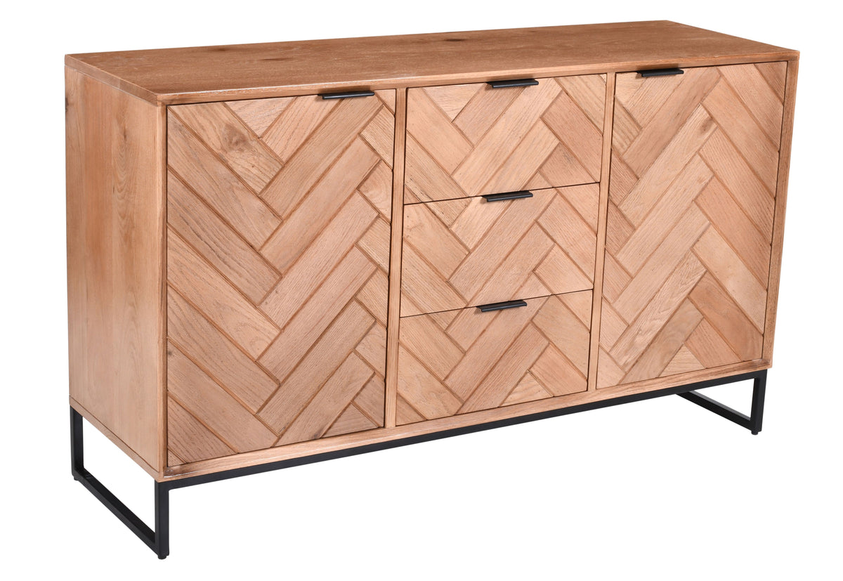 Solid Oak Herringbone Sideboard – 3 Drawers, 2 Doors & Black Metal Base (140cms)