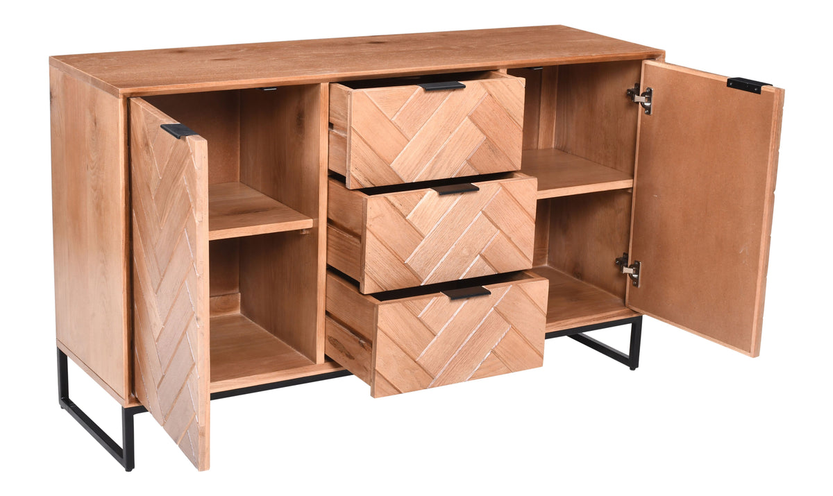 Solid Oak Herringbone Sideboard – 3 Drawers, 2 Doors & Black Metal Base (140cms)