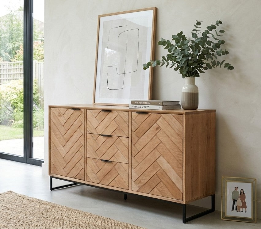 Solid Oak Herringbone Sideboard – 3 Drawers, 2 Doors & Black Metal Base (140cms)