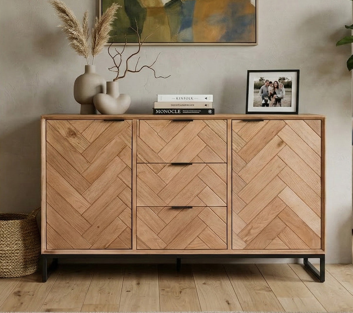 Solid Oak Herringbone Sideboard – 3 Drawers, 2 Doors & Black Metal Base (140cms)
