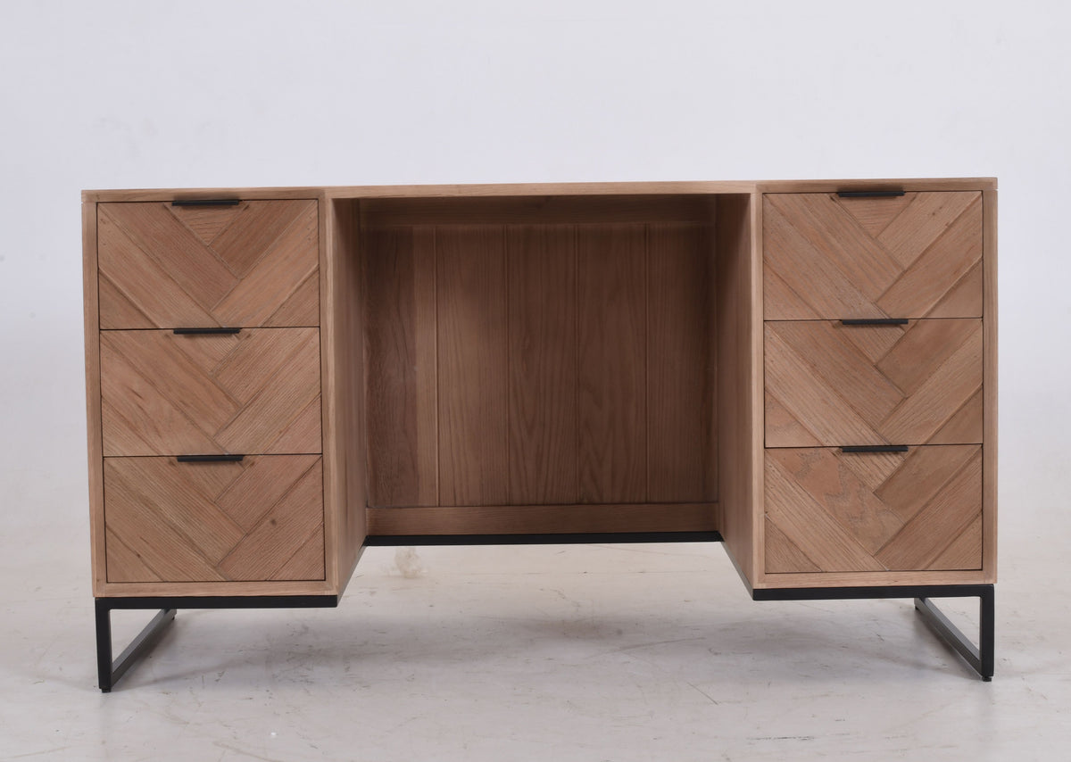 Modern Industrial Oak Desk | Chevron Pattern & Black Metal Legs 148cm
