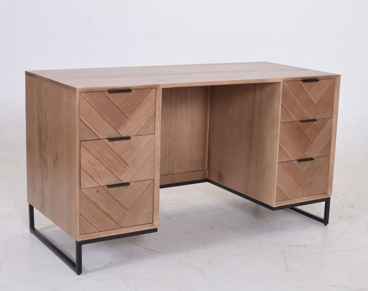 Modern Industrial Oak Desk | Chevron Pattern & Black Metal Legs 148cm