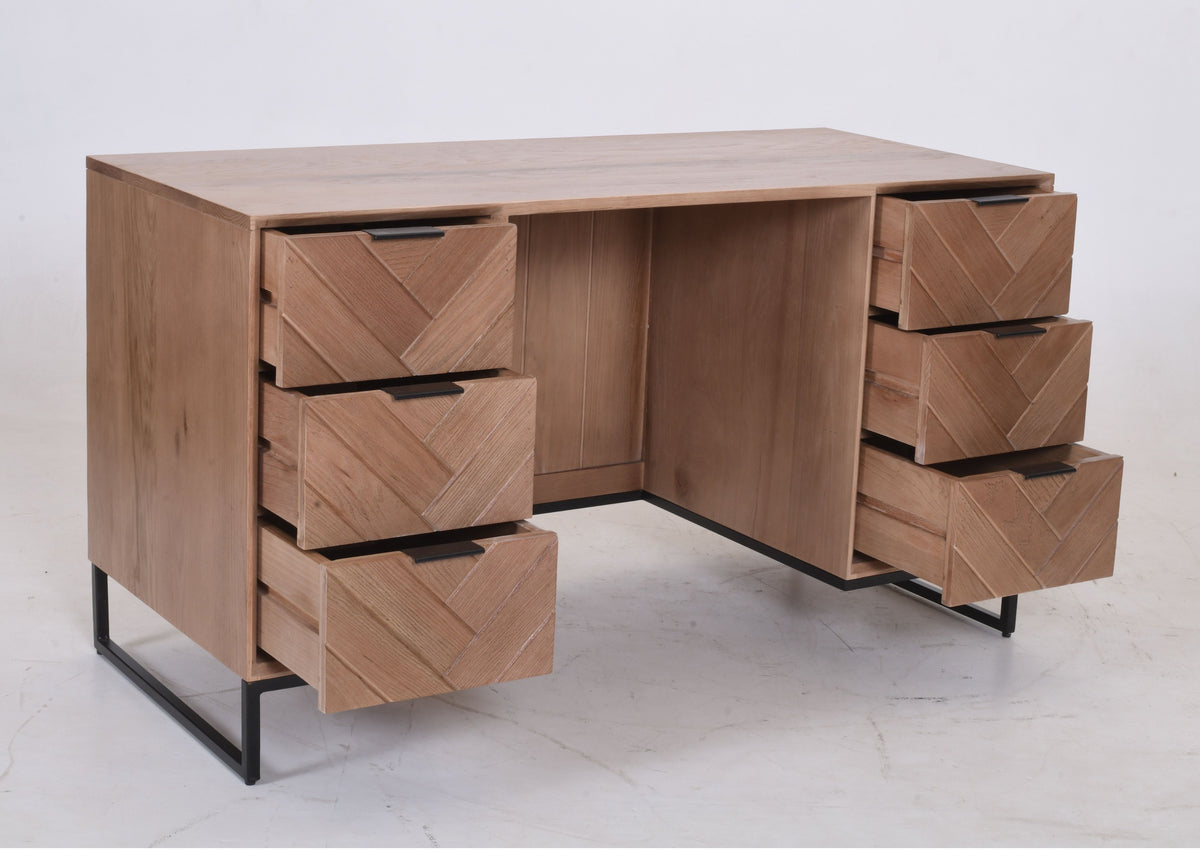Modern Industrial Oak Desk | Chevron Pattern & Black Metal Legs 148cm