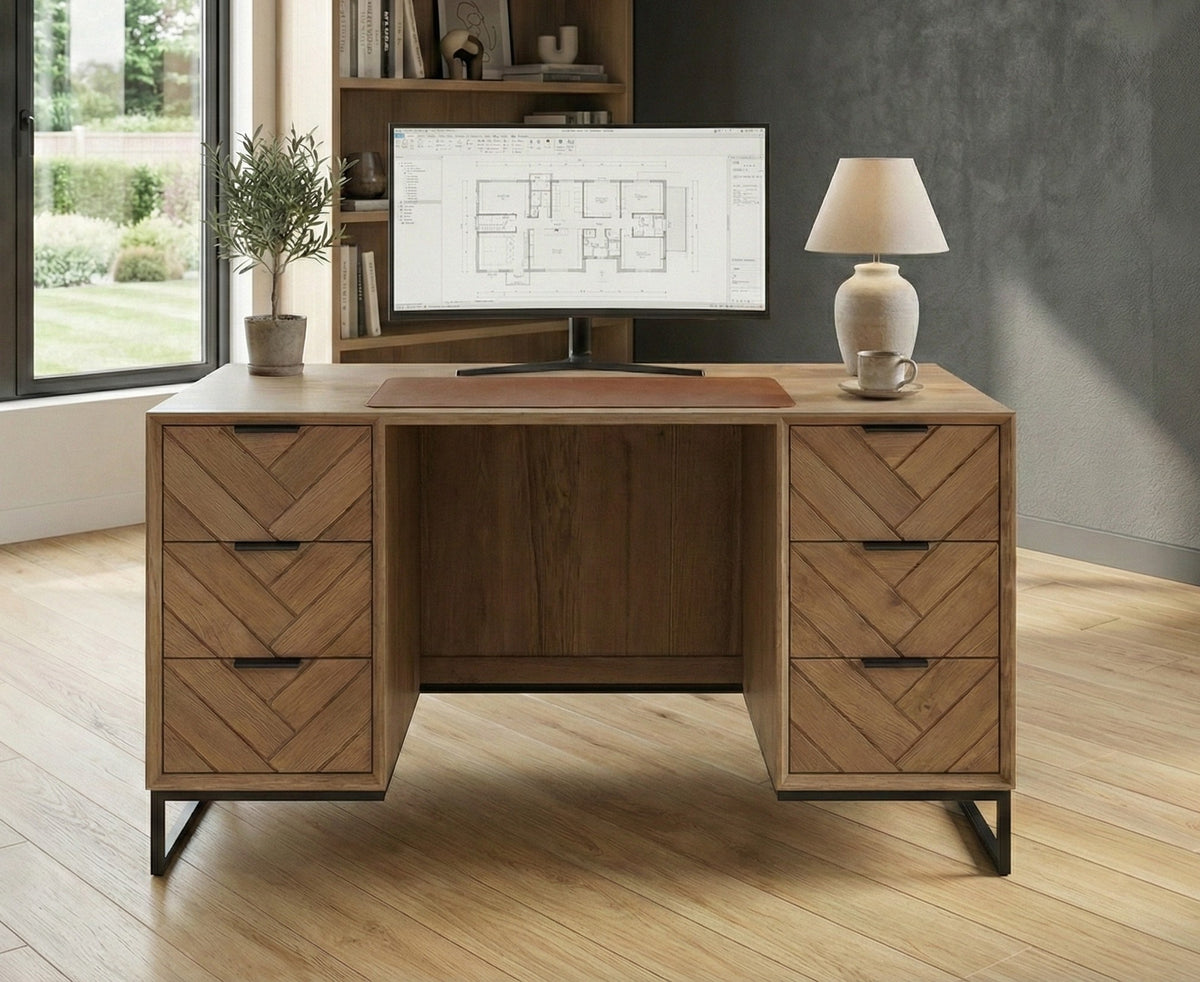 Modern Industrial Oak Desk | Chevron Pattern & Black Metal Legs 148cm