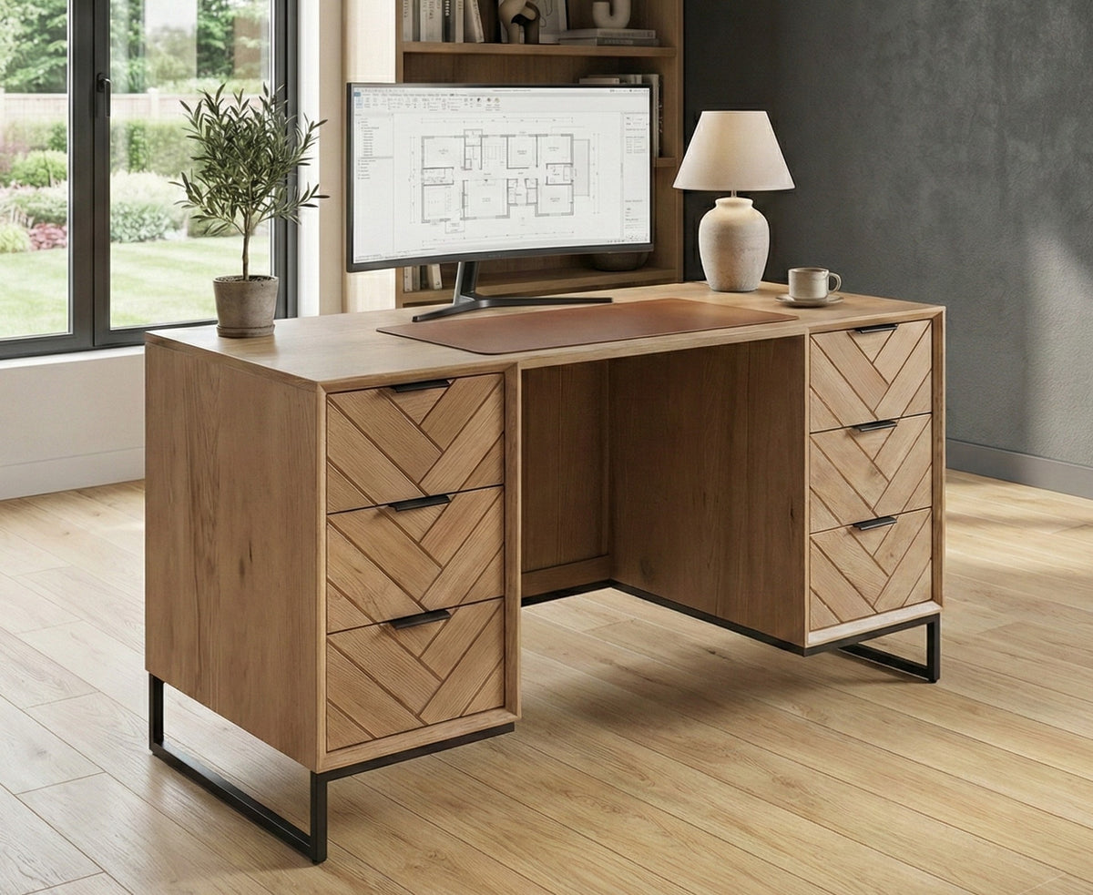 Modern Industrial Oak Desk | Chevron Pattern & Black Metal Legs 148cm