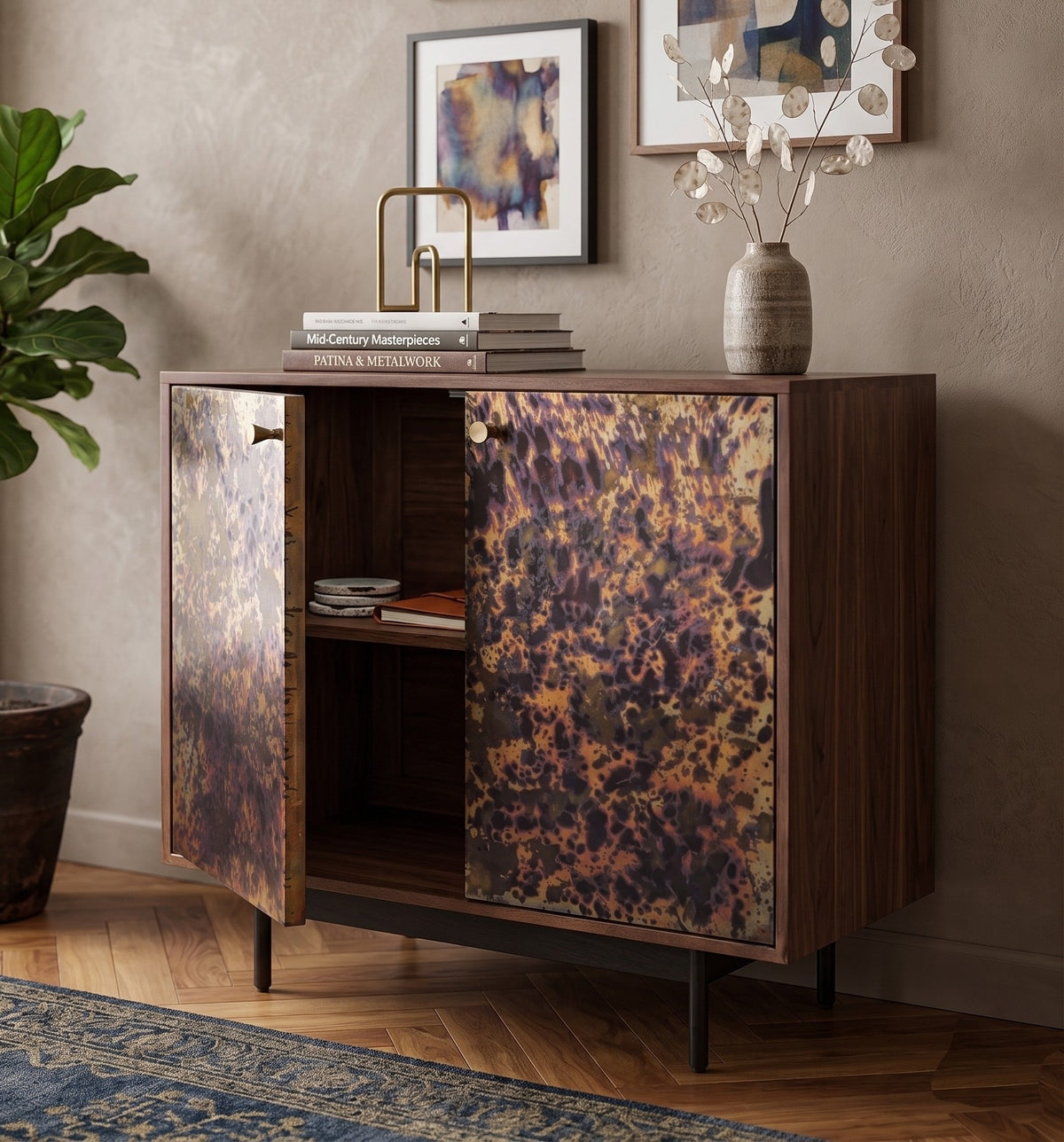 Industrial Solid Mango Wood 2-Door Cabinet 85cm – Patina Metal Doors