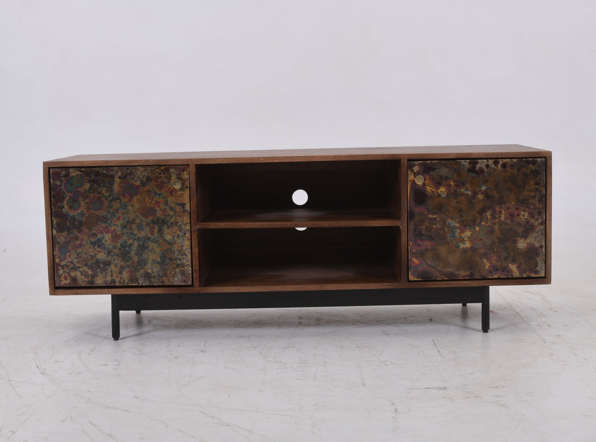 Modern Luxury Mango Wood Media Console with Oxidised Metal Doors 145cm