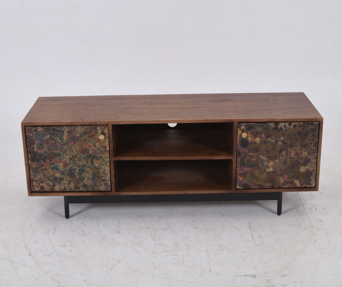 Modern Luxury Mango Wood Media Console with Oxidised Metal Doors 145cm