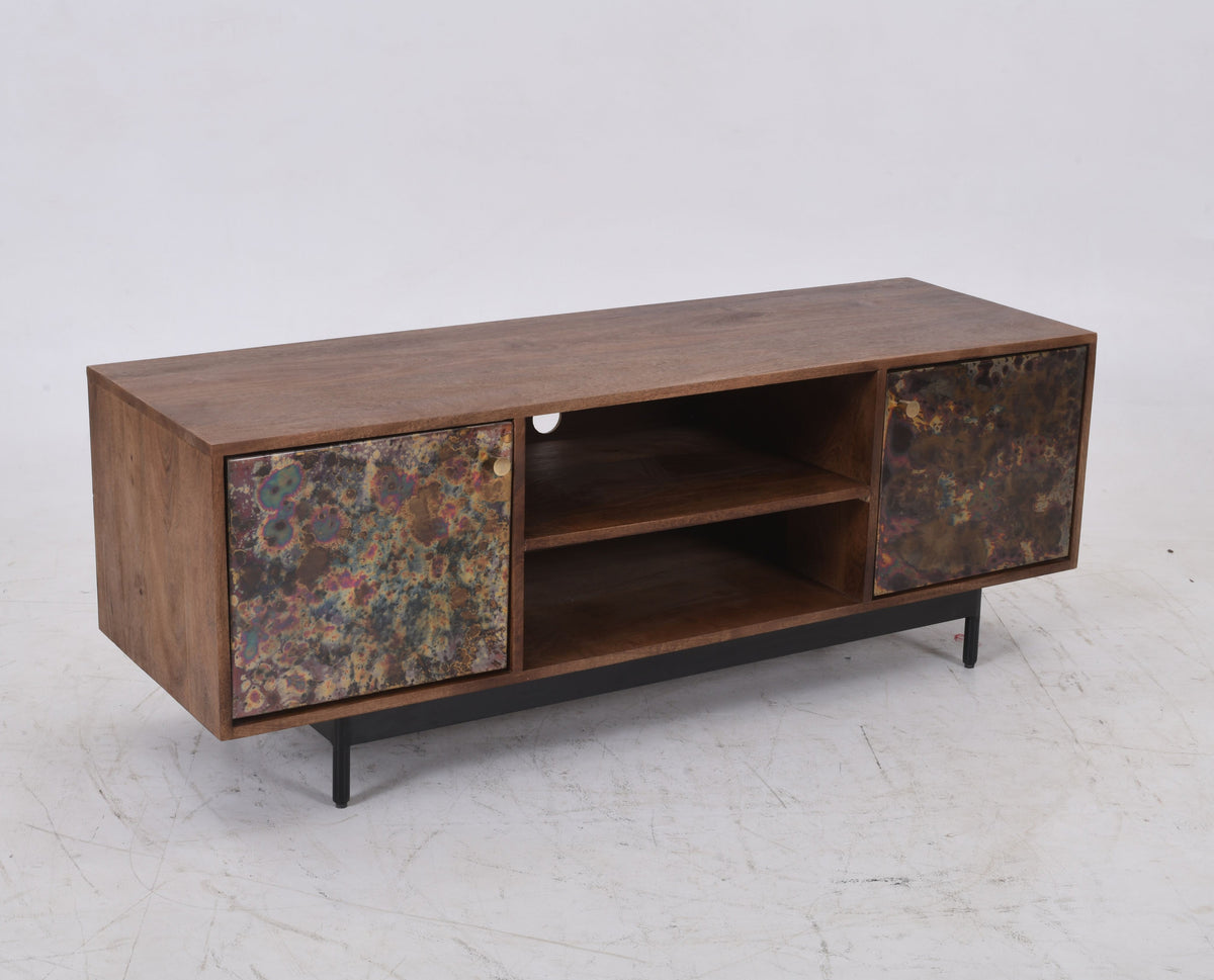 Modern Luxury Mango Wood Media Console with Oxidised Metal Doors 145cm