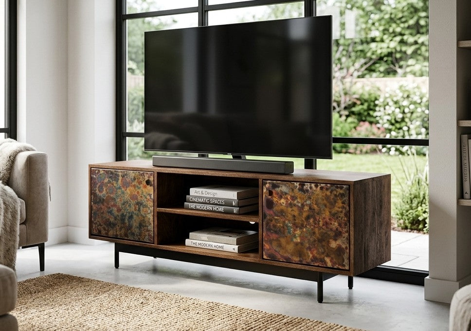 Modern Luxury Mango Wood Media Console with Oxidised Metal Doors 145cm