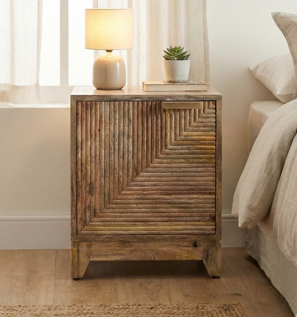 Solid Mango Wood Bedside Cabinet | Geometric Ribbed Nightstand | 50cm