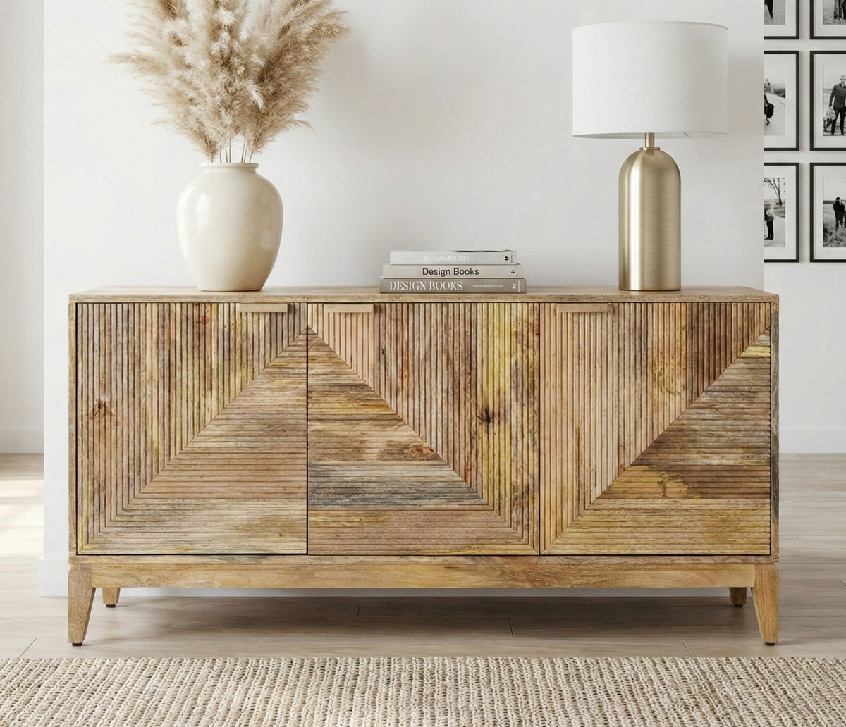 Handcrafted Solid Mango Wood Buffet Sideboard - Ribbed Geometric Front (160cm)