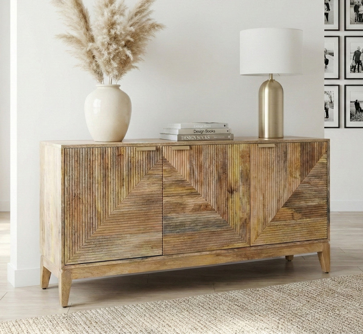 Handcrafted Solid Mango Wood Buffet Sideboard - Ribbed Geometric Front (160cm)