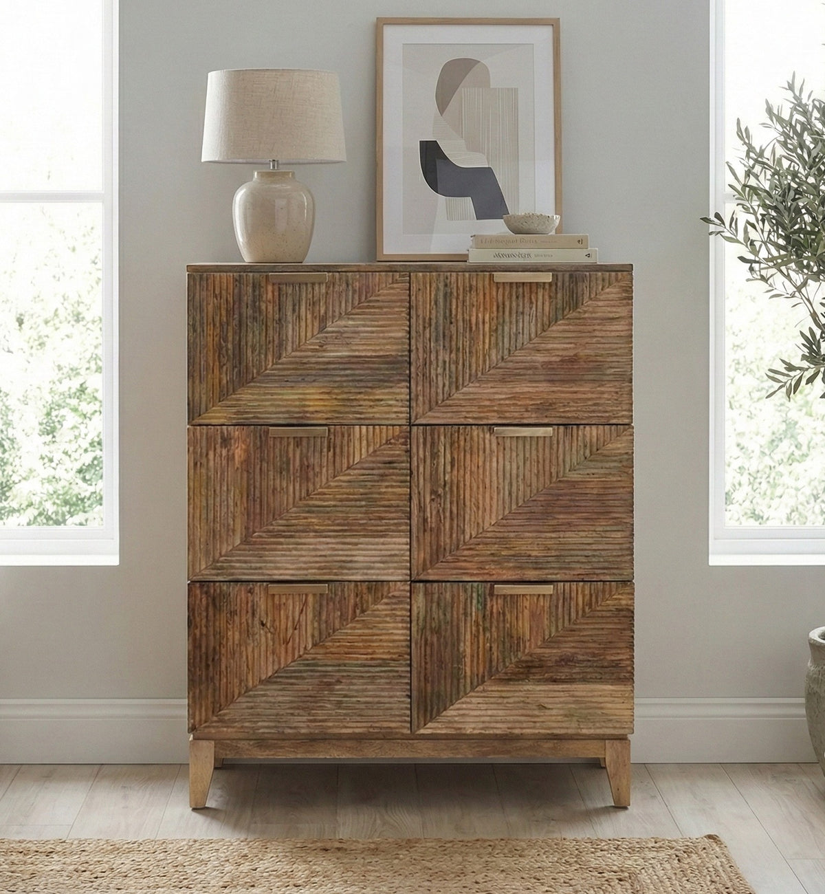 Solid Mango Wood Tallboy | 6-Drawer Geometric Ribbed Chest Of Drawers | 110cm