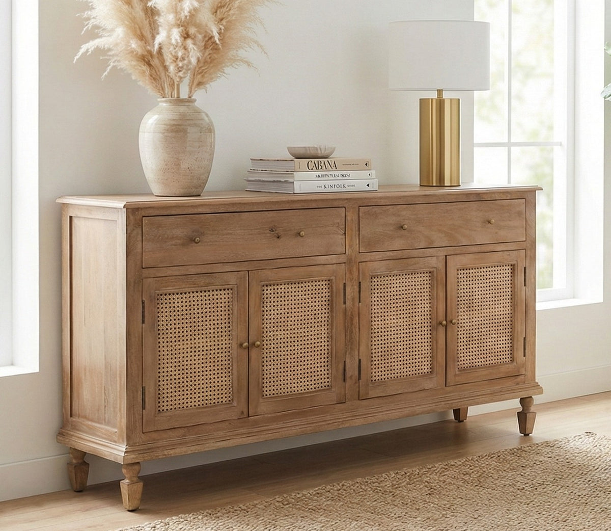 Solid Mango Wood & Cane Sideboard 160cm – Distressed White with Brass Hardware
