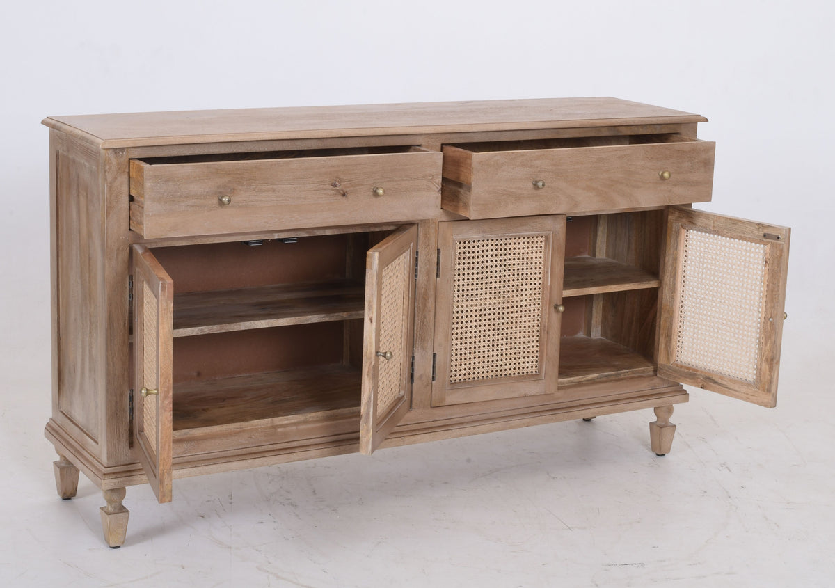 Solid Mango Wood & Cane Sideboard 160cm – Distressed White with Brass Hardware