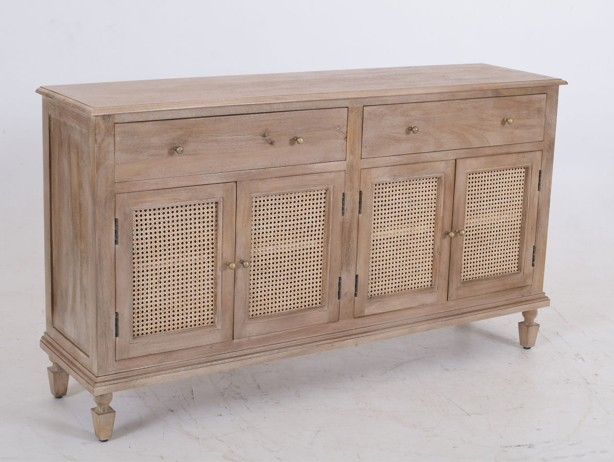 Solid Mango Wood & Cane Sideboard 160cm – Distressed White with Brass Hardware