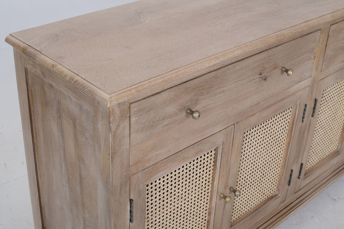 Solid Mango Wood & Cane Sideboard 160cm – Distressed White with Brass Hardware