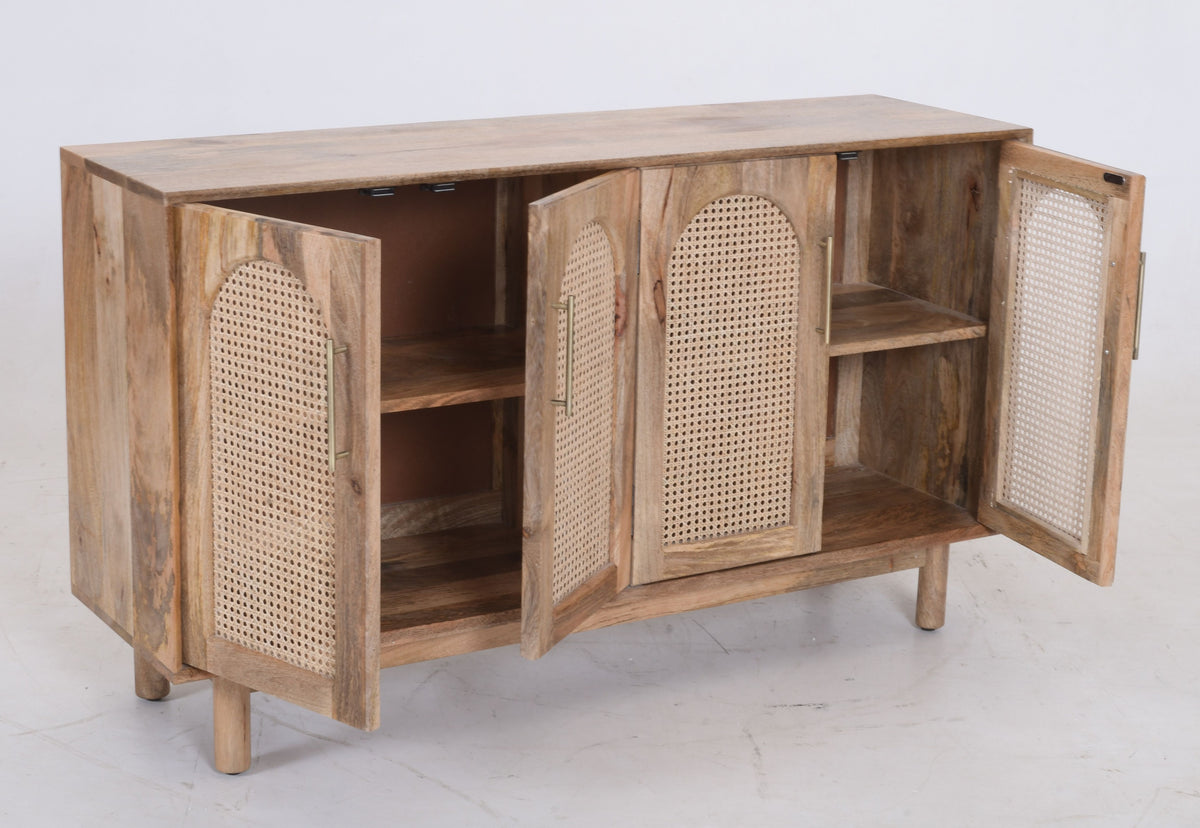 Arched Rattan & Solid Mango Wood Sideboard – 4-Door Buffet Cabinet (140cm)